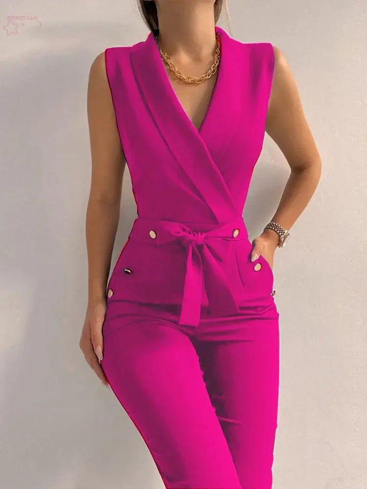 Women Casual V Neck Jumpsuits Button - Brocelles