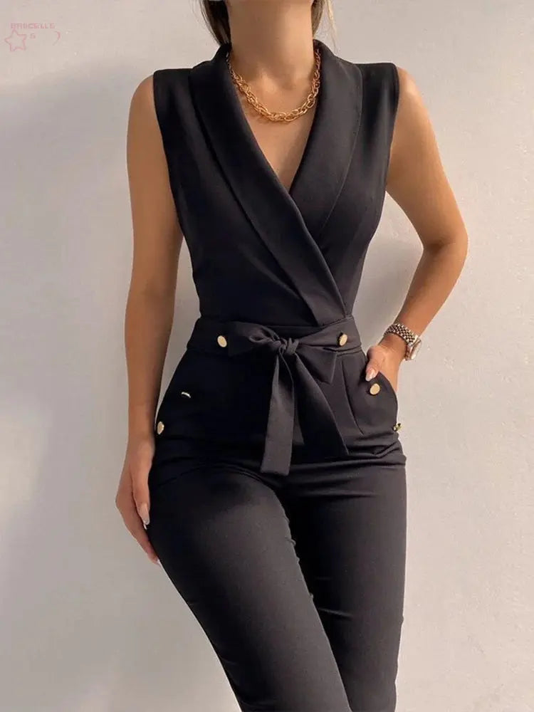 Women Casual V Neck Jumpsuits Button - Brocelles