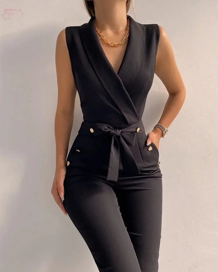 Women Casual V Neck Jumpsuits Button - Brocelles