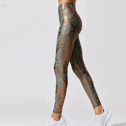 Women ‘s Retro Metallic Snake Gym Leggings Brocelles