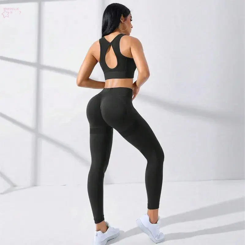 Yoga Basic 2pcs Seamless High Stretch Yoga Set Tracksuit Gym Set Crisscross Back Cami Hip-hugging Tummy Control Leggings - Brocelles