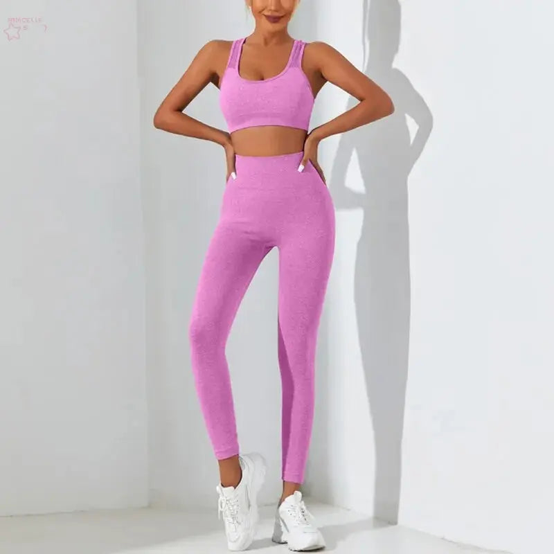 Yoga Basic 2pcs Seamless High Stretch Yoga Set Tracksuit Gym Set Crisscross Back Cami Hip-hugging Tummy Control Leggings - Brocelles