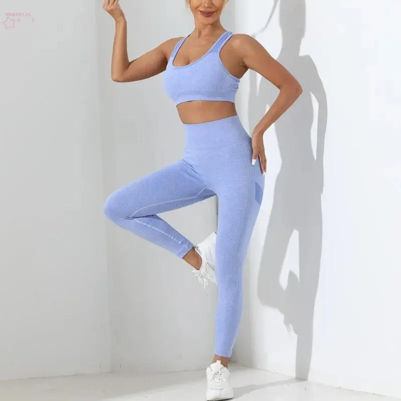 Yoga Basic 2pcs Seamless High Stretch Yoga Set Tracksuit Gym Set Crisscross Back Cami Hip-hugging Tummy Control Leggings - Brocelles