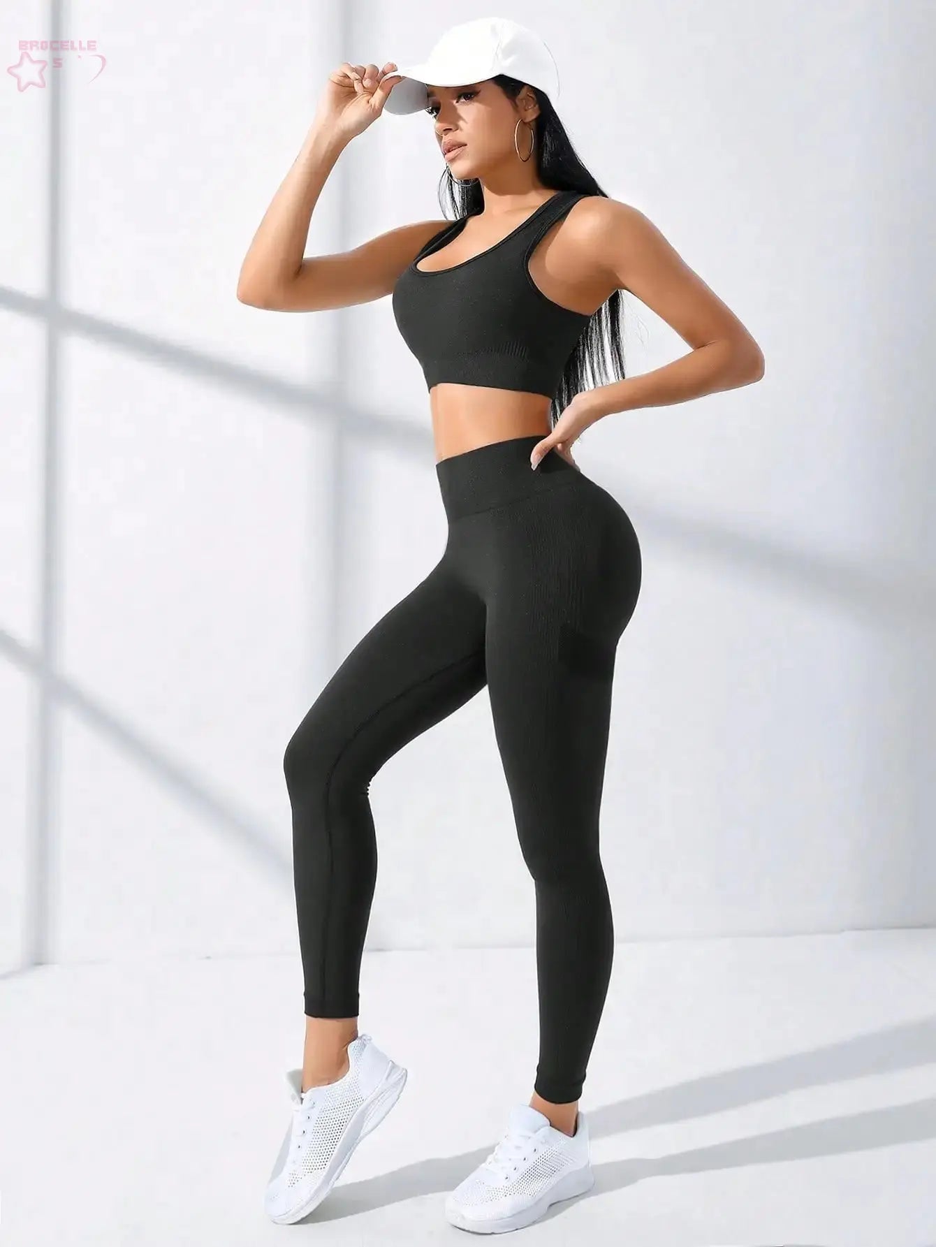 Yoga Basic 2pcs Seamless High Stretch Yoga Set Tracksuit Gym Set Crisscross Back Cami Hip-hugging Tummy Control Leggings - Brocelles