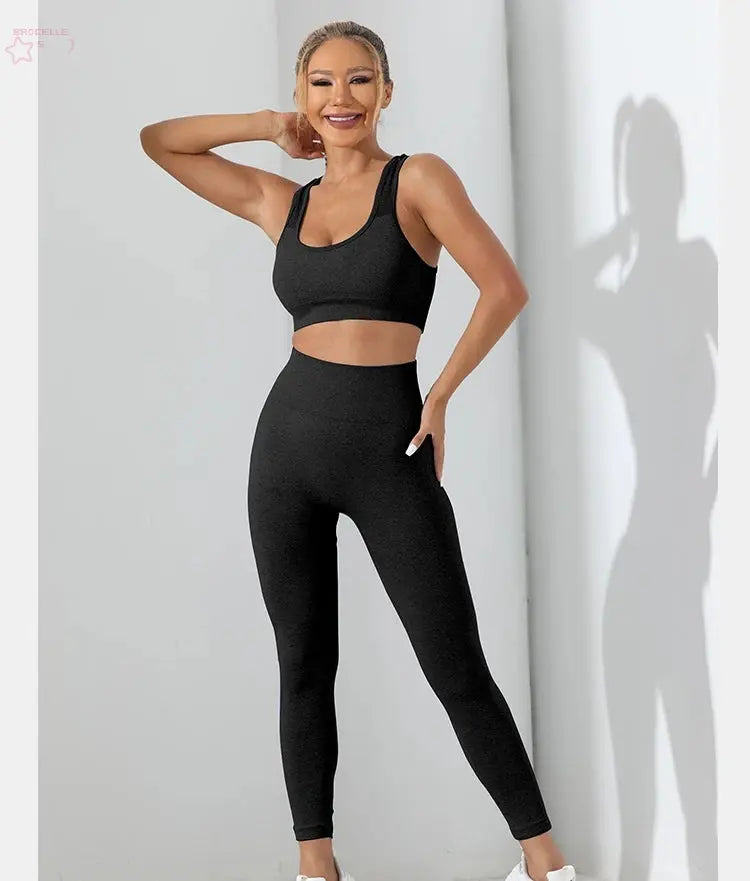 Yoga Basic 2pcs Seamless High Stretch Yoga Set Tracksuit Gym Set Crisscross Back Cami Hip-hugging Tummy Control Leggings - Brocelles